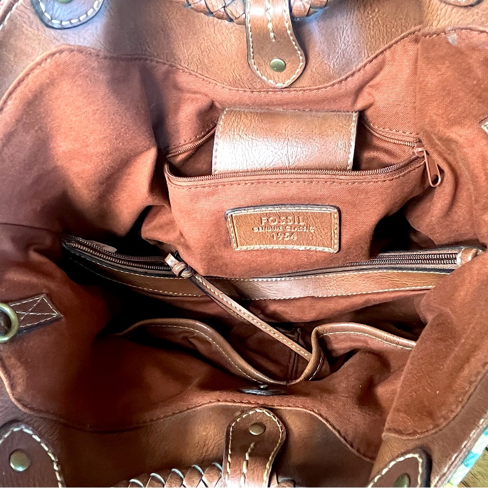 Fossil Vintage Striped Canvas Satchel Braided Leather Circle Handles Boho Bag - Picture 7 of 10
